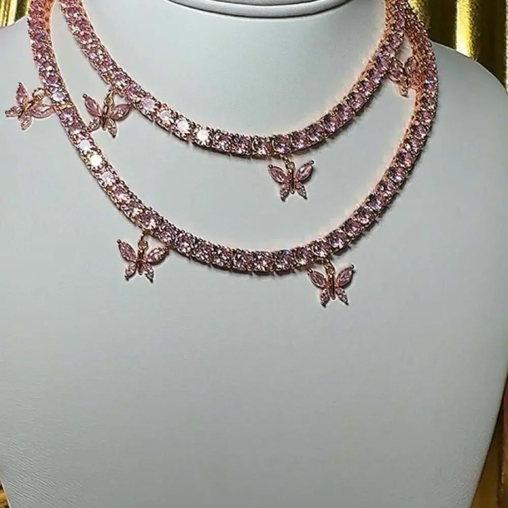 Pink Tennis Necklace With Butterfly